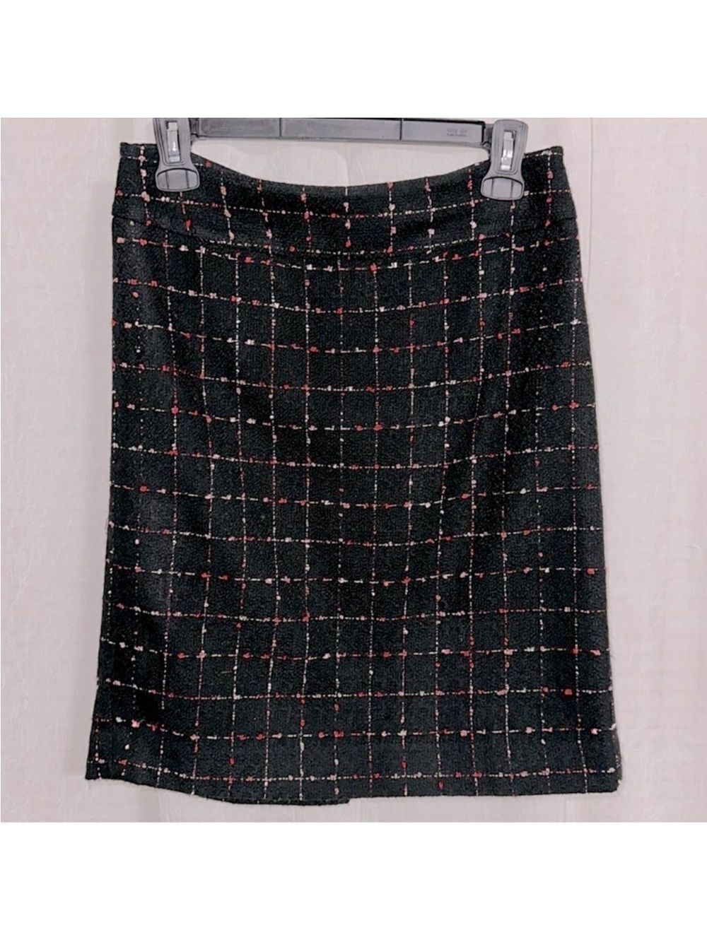 Ann Taylor 2 Black Pink Tweed Plaid Pencil Skirt